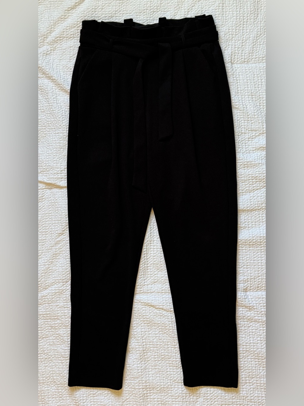 Black High-Waist Paperbag Trousers with Tie Belt